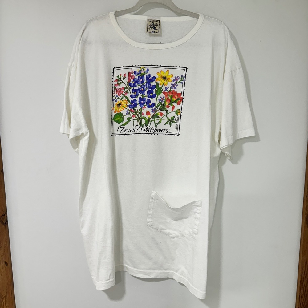 Dee T Shirt Texas Wildflowers Kathryn Designs OS White Cotton Pocket Vintage USA